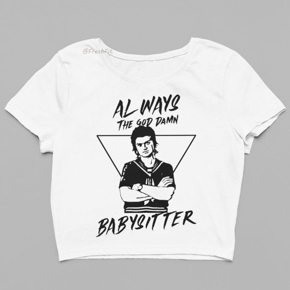 🆕Steve Harrington Always the Babysitter White Fitted Crop Top T-Shirt - Picture 2 of 4
